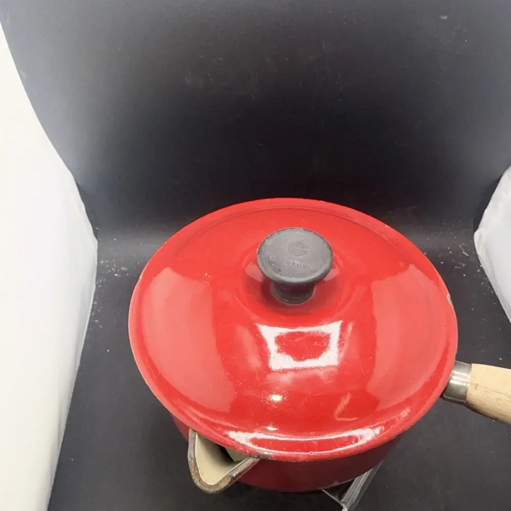 Le Creuset #16 Red Enameled Cast Iron Saucepan w Lid Wood Handle France